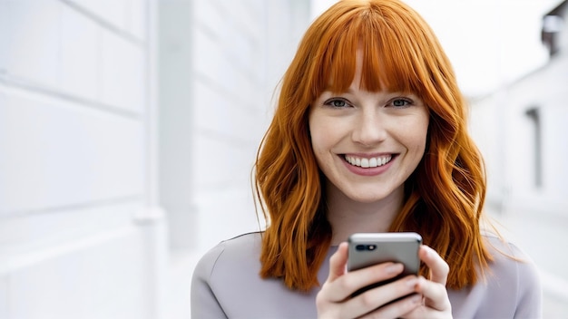 Photo une femme roux souriante tenant un smartphone sur blanc