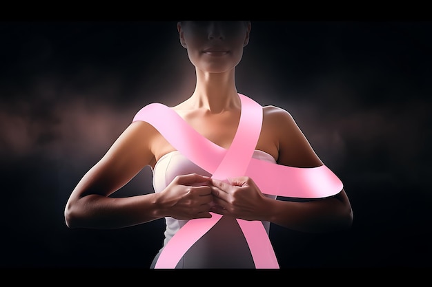 une femme avec un ruban rose autour du cou célébrant la sensibilisation mondiale au cancer du sein