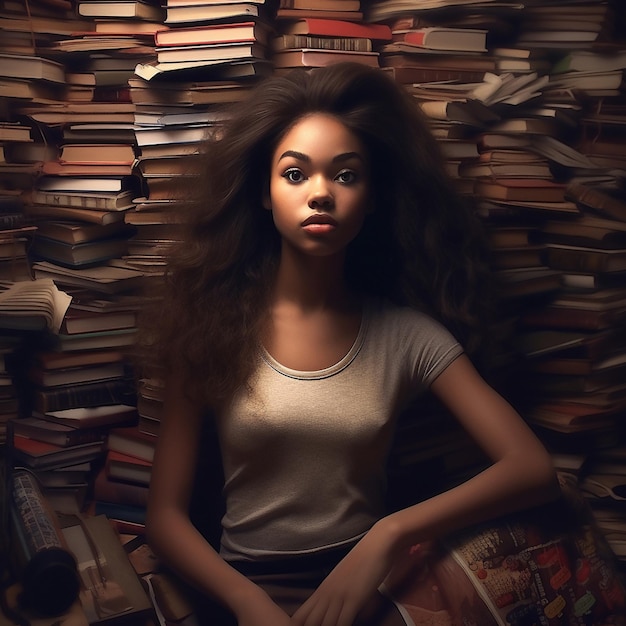 Une femme avec un ruban rouge sur la tête est assise devant une pile de livres.