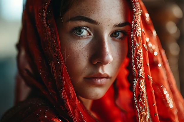 Une femme russe dans une tenue de mariée indienne