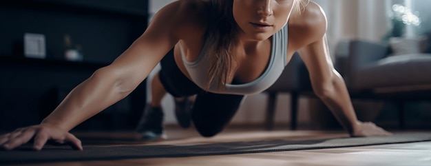 Une femme s'accroupit sur un tapis dans une salle de sport générative ai