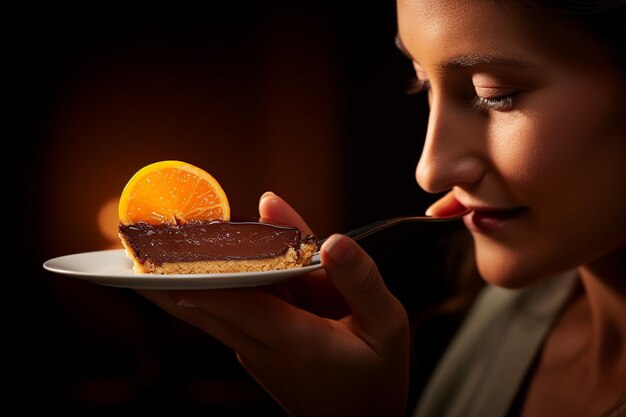 Une femme s'adonne à une tranche de tarte à la crème de Boston.