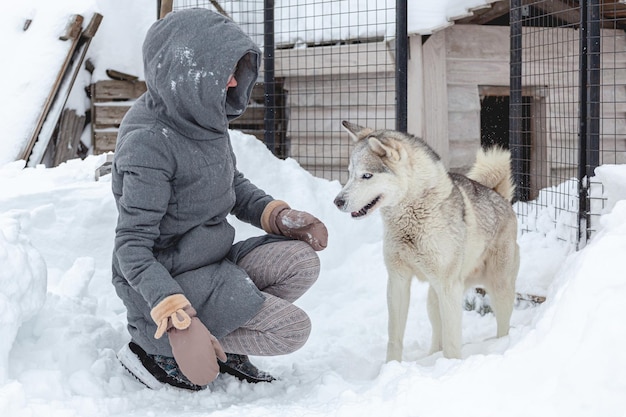 Femme s'amusant avec son chien husky sibérien