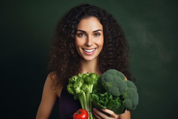 La femme s'amuse à tenir des légumes verts biologiques sans gluten, une nutrition saine, une IA générative.
