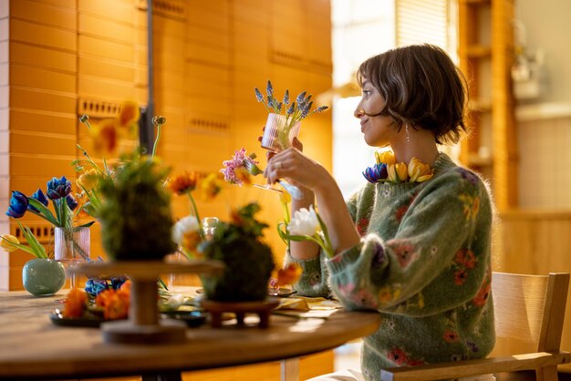 La femme s'assied par la table pleine des fleurs à la maison