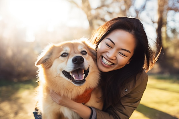 Une femme s'embrassant avec son chien à l'extérieur Une jeune femme et son animal s'amusent ensemble IA générative