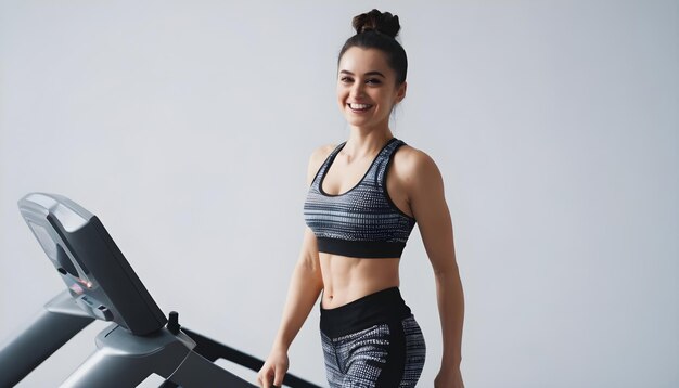 une femme s'entraîne sur un tapis roulant et elle porte un tank top noir de fitness