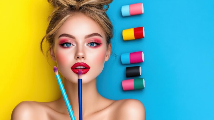 Une femme s'est maquillée avec des couleurs vives tout en tenant des pinceaux entourés de tubes de peinture colorés sur un fond bleu et jaune vif.