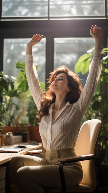 Une femme s'étendant à son bureau avec la lumière du soleil qui s'écoule.