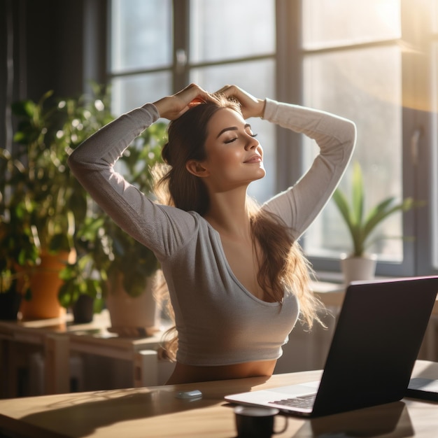 Une femme s'étendant à son bureau avec la lumière du soleil qui s'écoule.