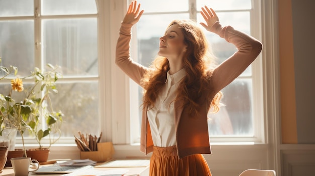 Une femme s'étendant à son bureau avec la lumière du soleil qui s'écoule.