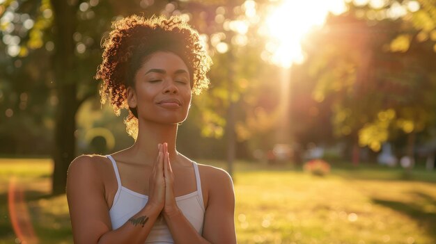 une femme s'étirant gracieusement dans un parc serein embrassant les avantages du yoga du matin pour un bien-être holistique