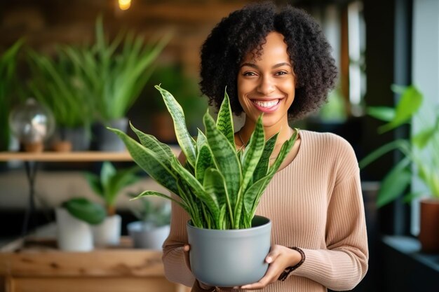 Femme s'occupant d'une plante d'intérieur et tenant un pot de plante d'intérieur Sansevieria Jardinage à domicile