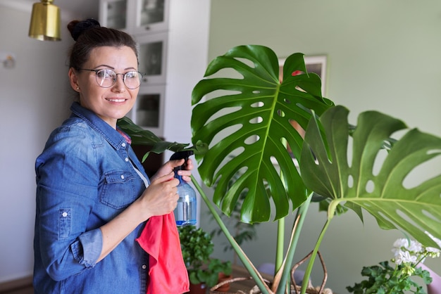 La femme s'occupe de la plante en pot à la maison, la femme nettoie, essuie les feuilles de monstera et asperge d'eau. Loisirs, jardinage domestique, plante d'intérieur, jungle urbaine, concept d'amis en pot