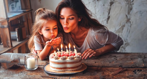 une femme et sa fille éteignent les bougies sur un gâteau d'anniversaire