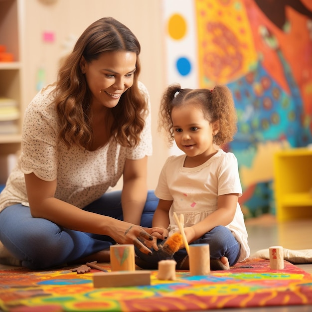 une femme et sa fille jouant avec un bloc de bois