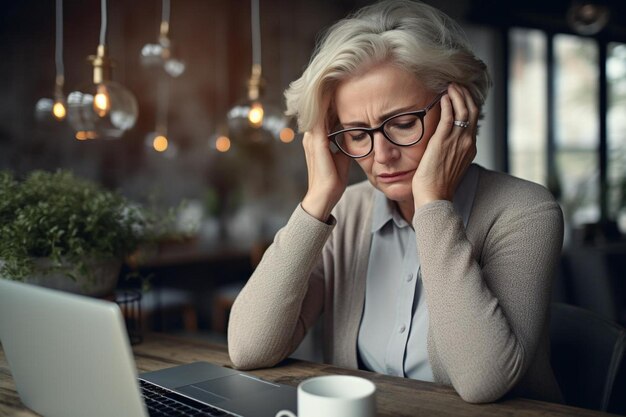 une femme avec sa tête dans sa main regarde un ordinateur portable