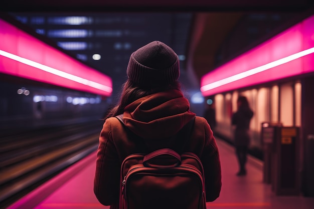 une femme avec un sac à dos devant une gare la nuit