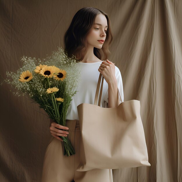 Photo femme avec sac à dos et esthétique beige fleur