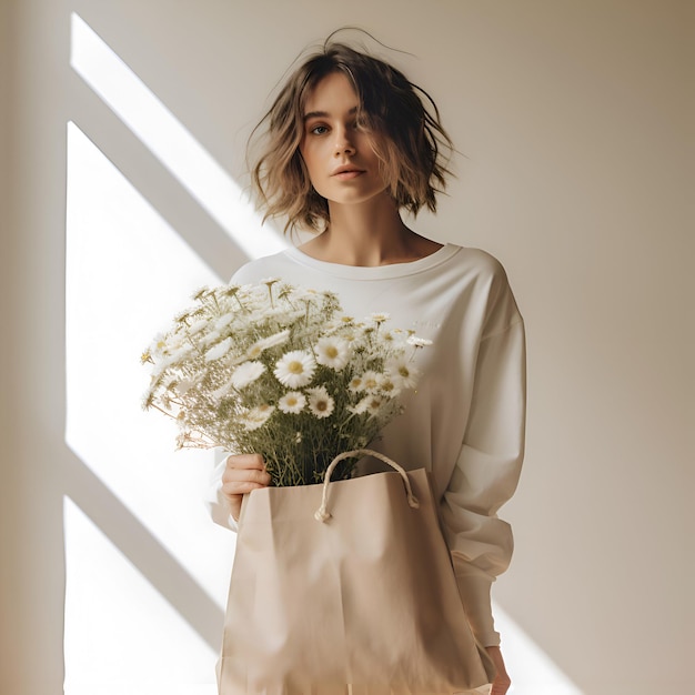 Photo femme avec sac à dos et esthétique beige fleur