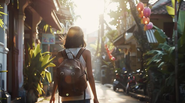 Photo femme avec un sac à dos explorant bali indonésie ia générative