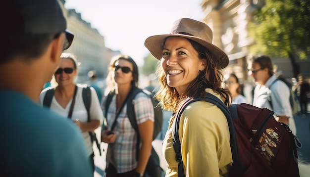 Photo une femme avec un sac à dos et des lunettes de soleil sourit à la caméra