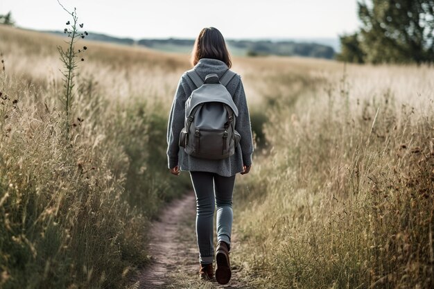 Une femme avec un sac à dos marchant sur un chemin Image AI générative