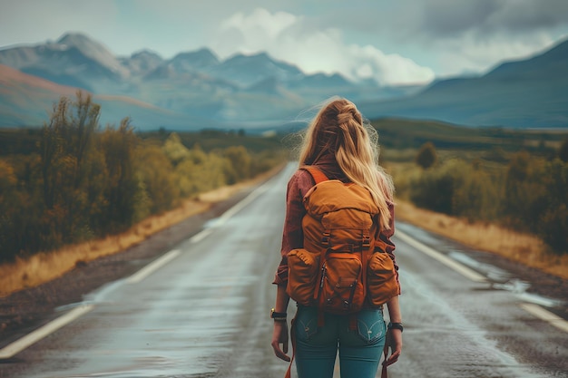 Une femme avec un sac à dos marchant sur une route dans les montagnes avec un sac a dos sur son dos et un