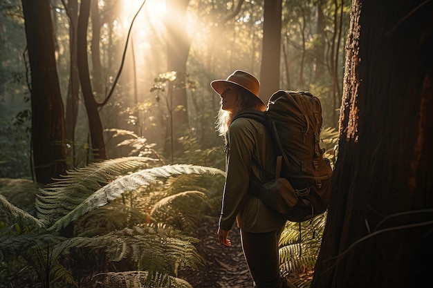 Femme avec sac à dos marche dans la forêt à la lumière du soleil Generative ai