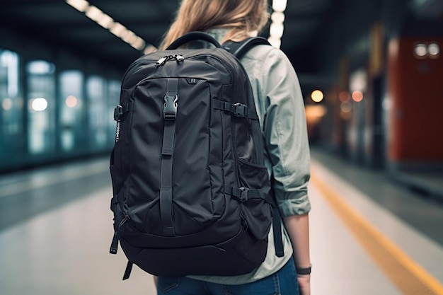 Une femme avec un sac à dos noir descend un quai de train