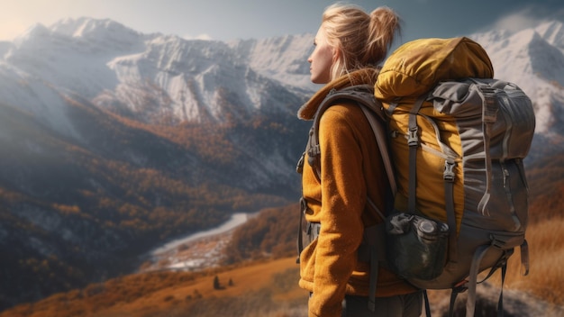 Femme avec sac à dos randonnée en montagne