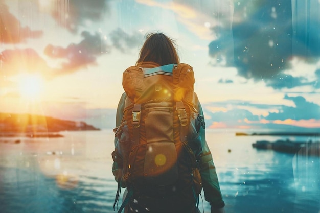 Photo une femme avec un sac à dos regardant l'océan