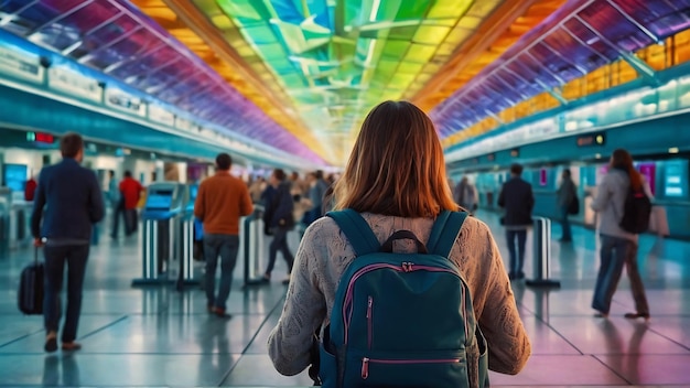 une femme avec un sac à dos regarde un plafond coloré