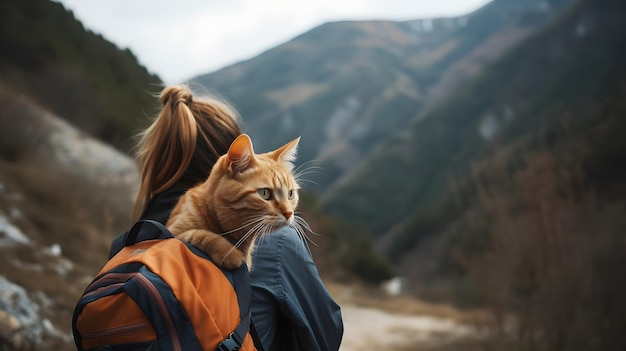 femme avec sac à dos rouge randonnée avec chat gingembre dans les montagnes en automne Tourisme et voyage avec des animaux de compagnie