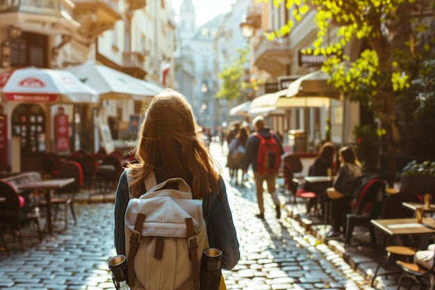 Une femme avec un sac à dos sur la rue Cobblestone