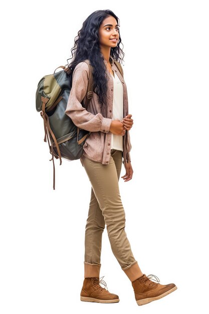 Une femme avec un sac à dos se promène dans une forêt.