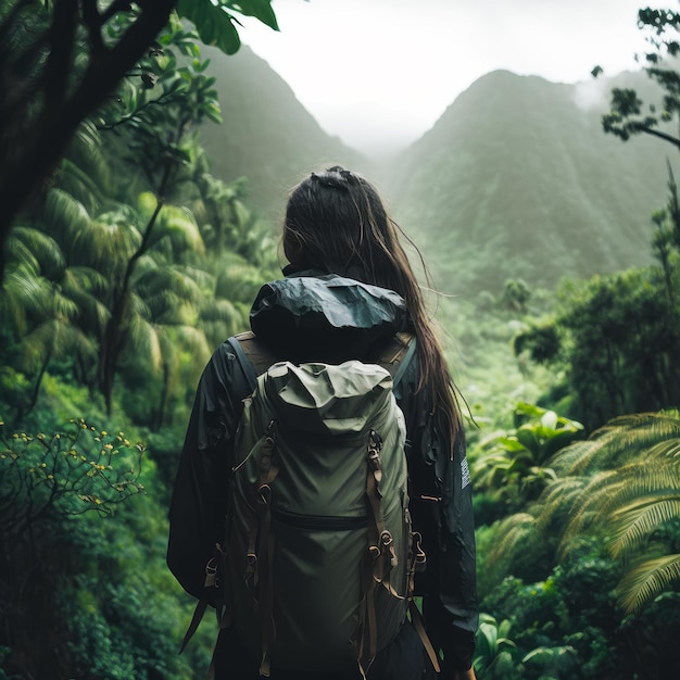 Femme avec sac à dos se promène dans la jungle Generative AI