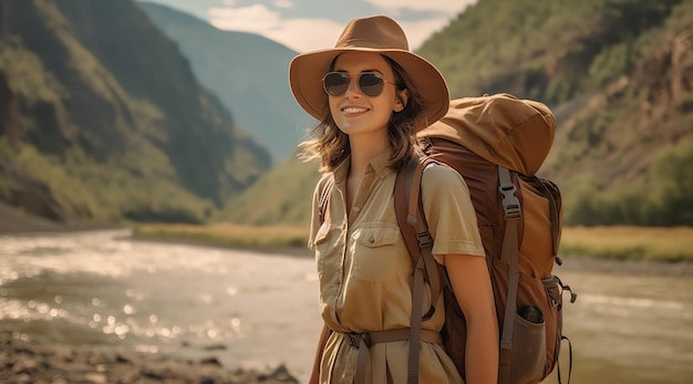 Une femme avec un sac à dos se tient devant une montagne.