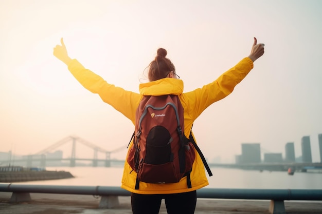 Une femme avec un sac à dos se tient devant un pont avec la ville en arrière-plan.