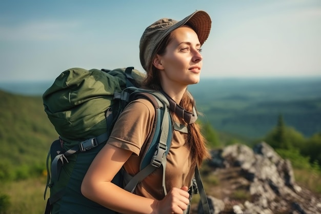 Une femme avec un sac à dos se tient sur une montagne