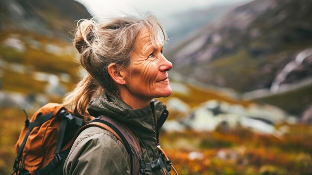 Photo une femme avec un sac à dos sourit à la caméra dans un cadre montagneux