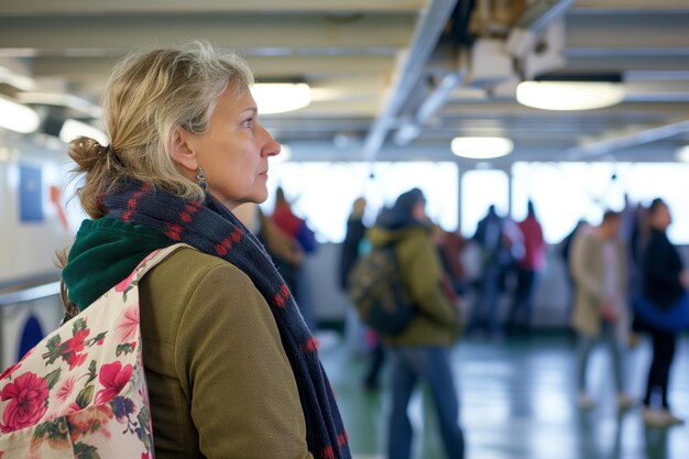 Femme avec un sac à fleurs attendant dans la ligne de ferry