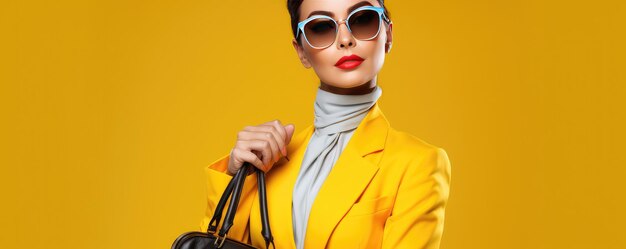 Photo femme avec des sacs d'achat sur fond jaune avec de l'espace pour le texte