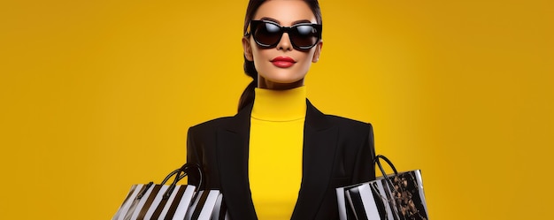 Photo femme avec des sacs à provisions sur fond jaune avec un espace pour le texte ai génératif