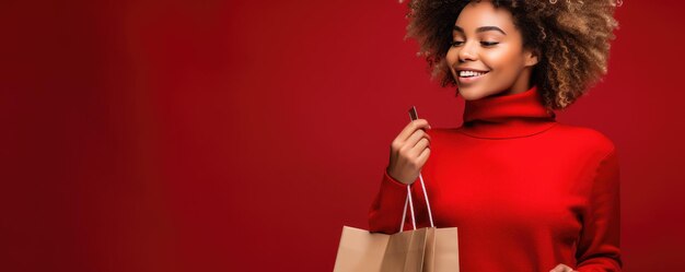 Femme avec des sacs à provisions sur fond rouge avec un espace pour le texte ai génératif