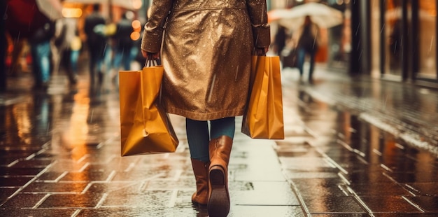 Femme avec des sacs à provisions marchant dans la rue Generative AI