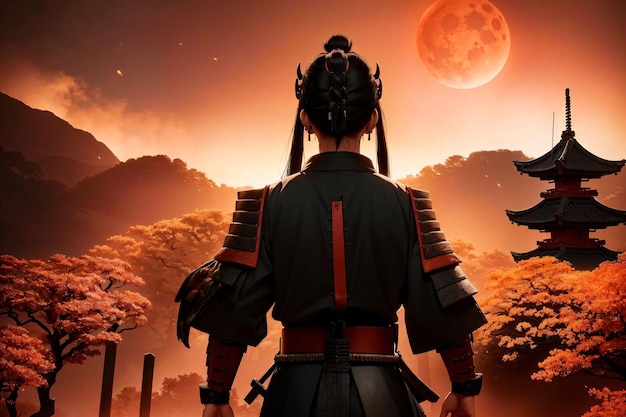 Femme samouraï par derrière avec ciel orange