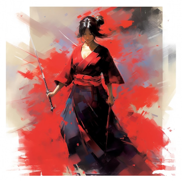 Femme samouraï tenant sa main sur un katana Generative ai