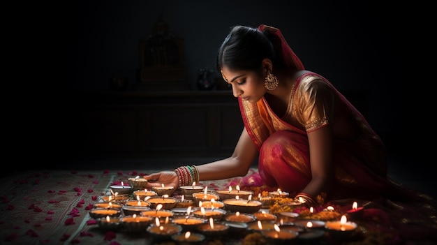 Une femme en sari allume des bougies dans une pièce sombre.