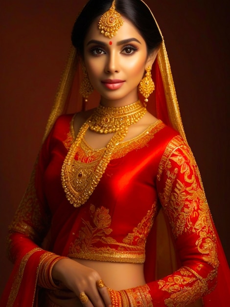 Une femme en sari avec des bijoux générés par Ai